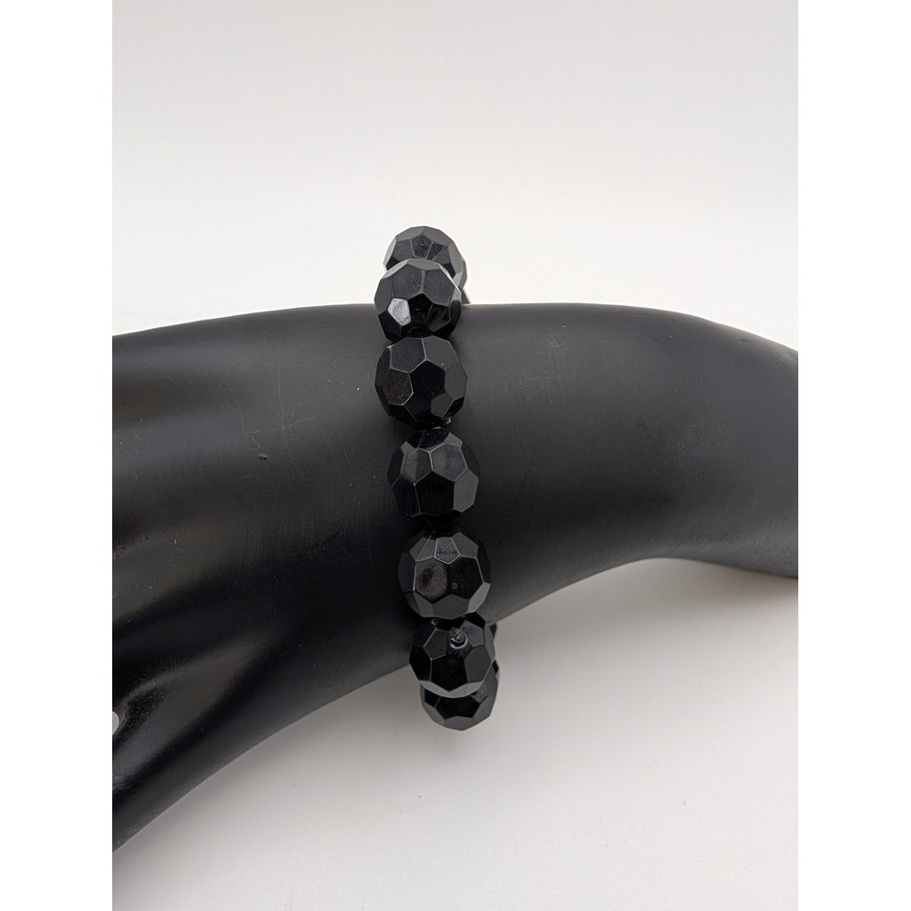 Unsigned Faceted Jet Black Bead Stretch Bracelet Goth Minimalist Dark Academia